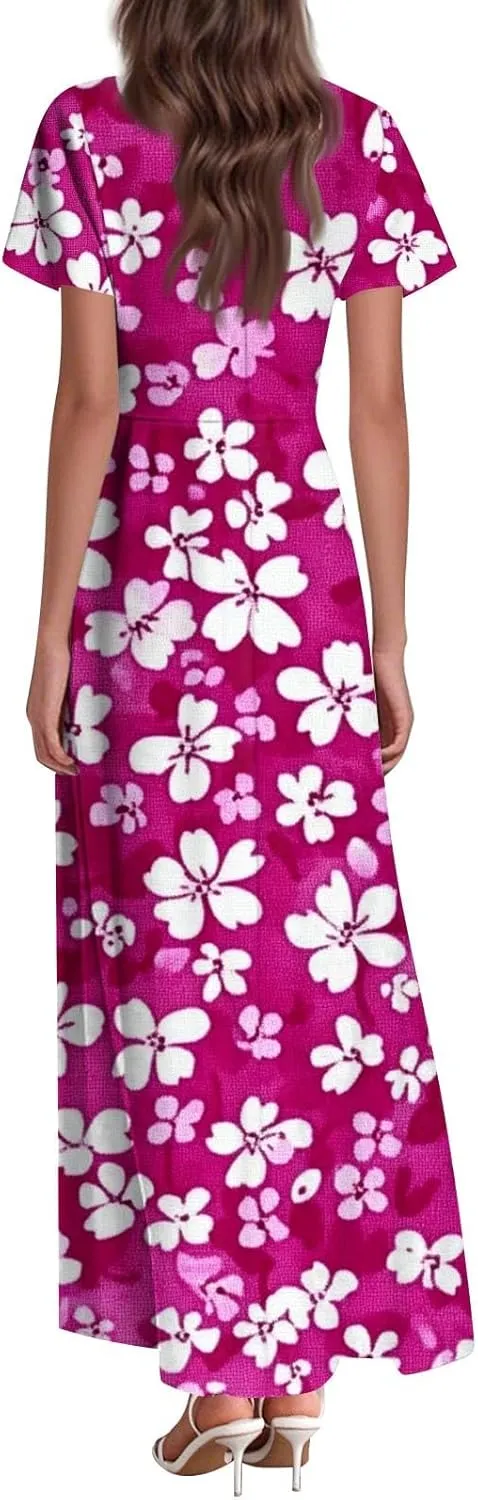 ZEFOTIM Maxi Dresses for Women 2025 Cocktail Floral Dress Short Sleeve V Neck Dresses