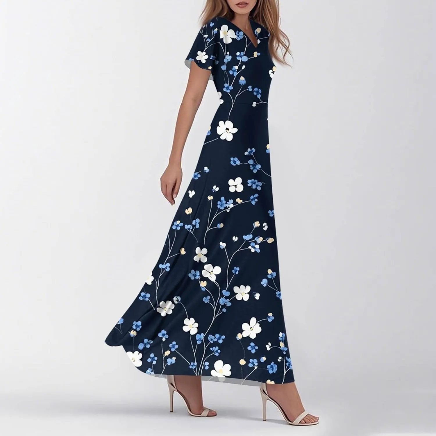 ZEFOTIM Maxi Dresses for Women 2025 Cocktail Floral Dress Short Sleeve V Neck Dresses