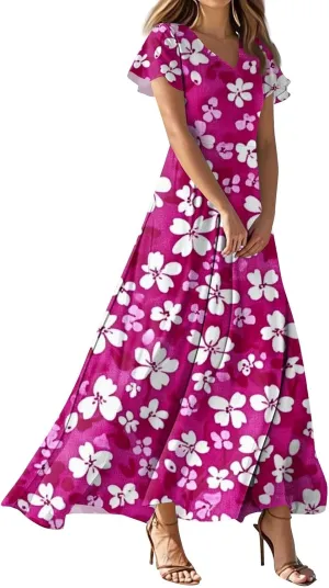 ZEFOTIM Maxi Dresses for Women 2025 Cocktail Floral Dress Short Sleeve V Neck Dresses