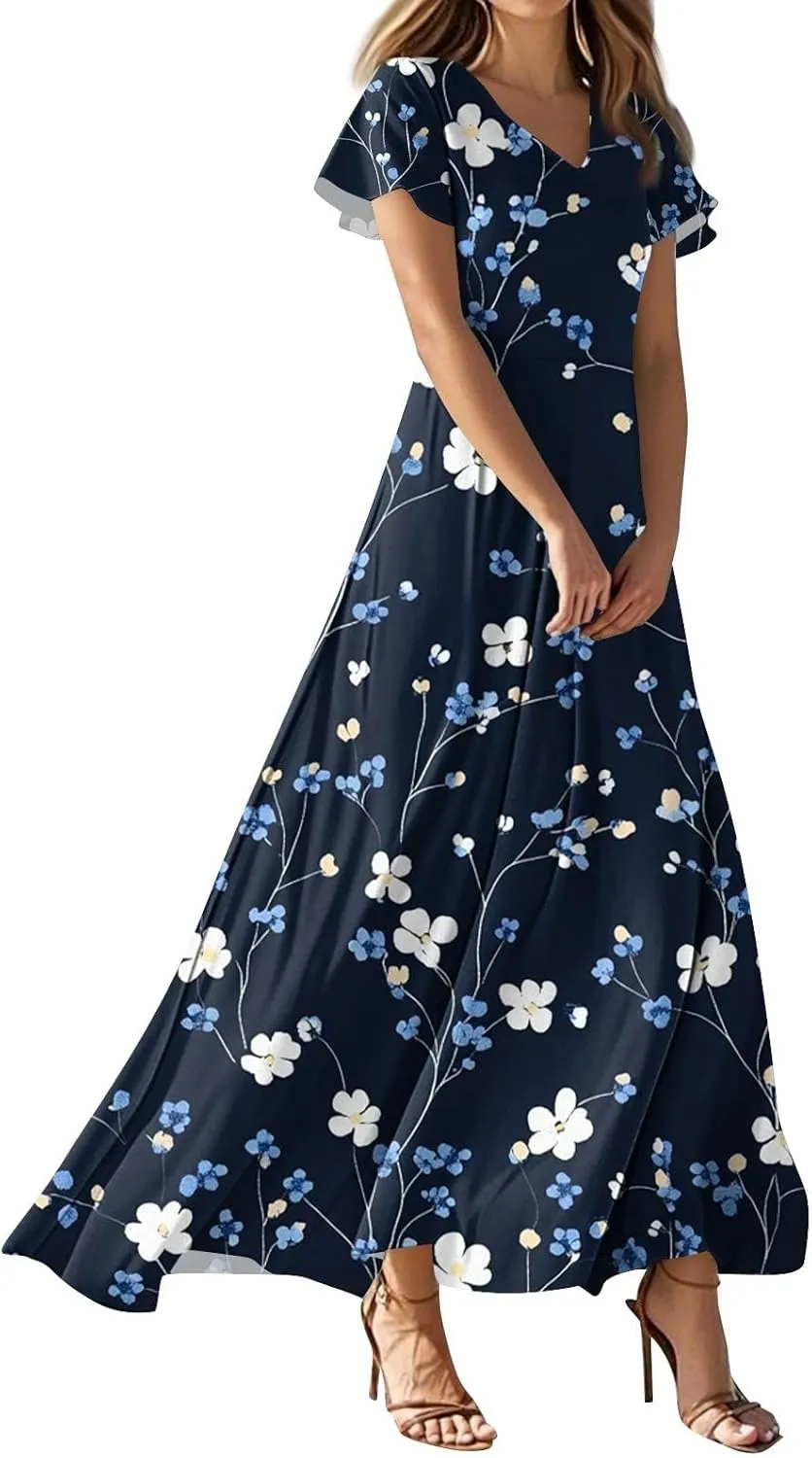 ZEFOTIM Maxi Dresses for Women 2025 Cocktail Floral Dress Short Sleeve V Neck Dresses