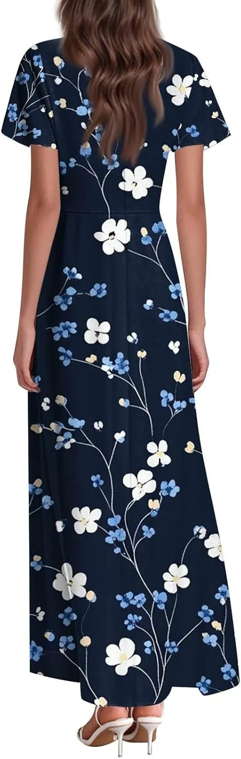 ZEFOTIM Maxi Dresses for Women 2025 Cocktail Floral Dress Short Sleeve V Neck Dresses