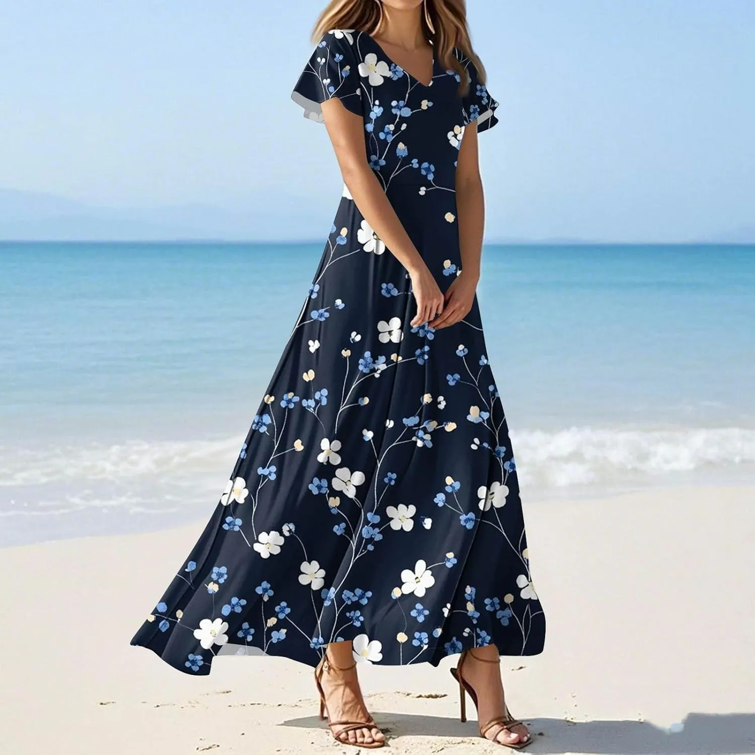 ZEFOTIM Maxi Dresses for Women 2025 Cocktail Floral Dress Short Sleeve V Neck Dresses