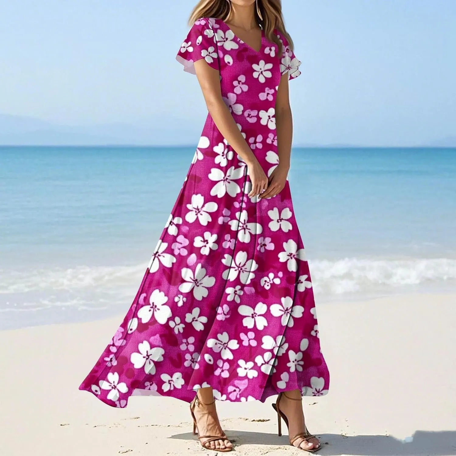 ZEFOTIM Maxi Dresses for Women 2025 Cocktail Floral Dress Short Sleeve V Neck Dresses