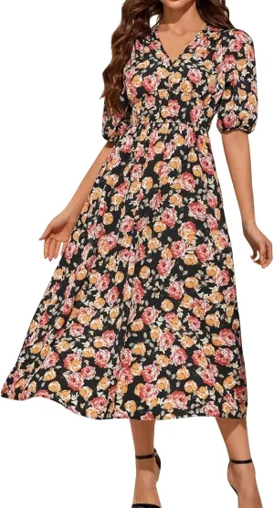ZEFOTIM Maxi Dresses for Women 2025 Fashion Floral Dress Short Sleeve V Neck Dresses