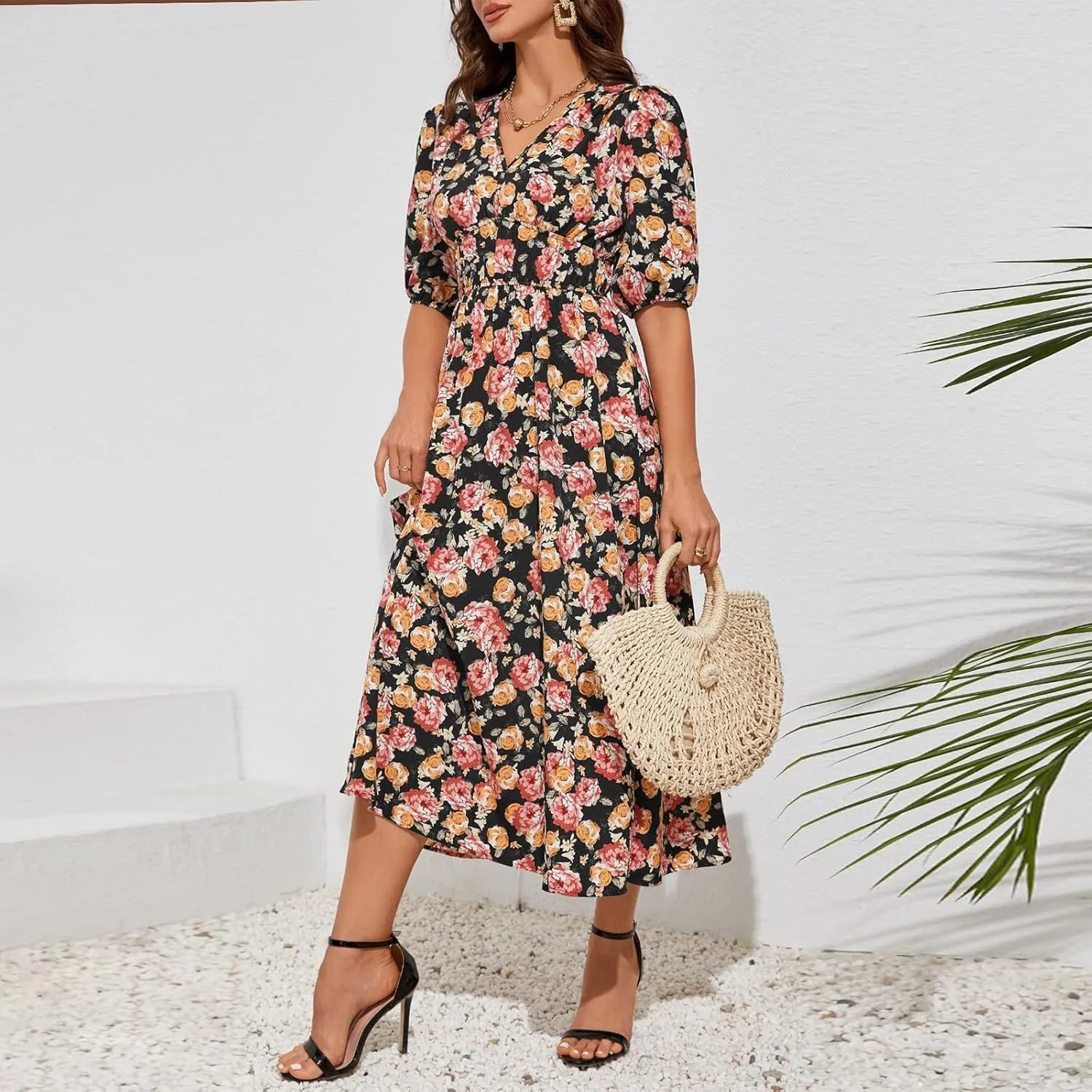 ZEFOTIM Maxi Dresses for Women 2025 Fashion Floral Dress Short Sleeve V Neck Dresses