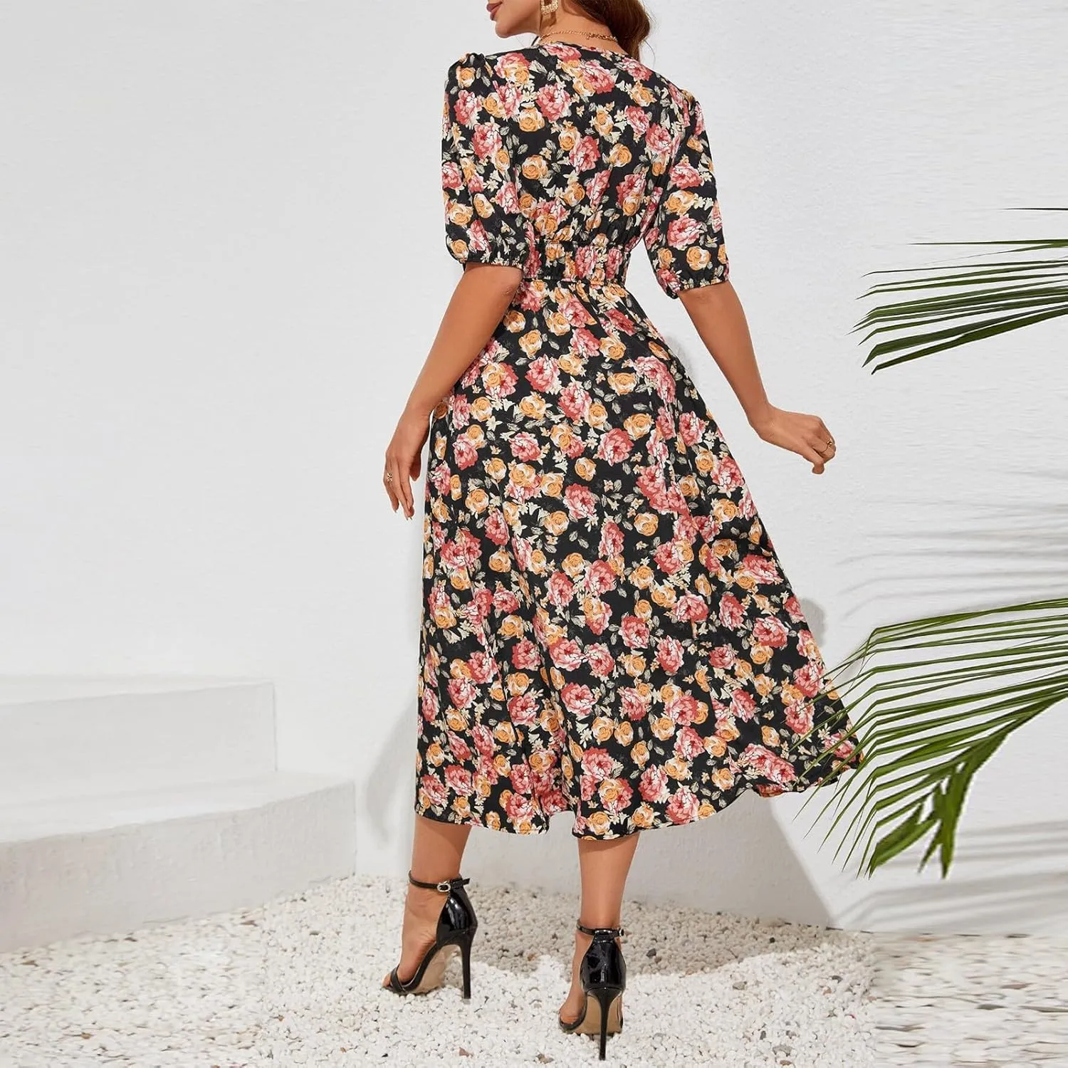 ZEFOTIM Maxi Dresses for Women 2025 Fashion Floral Dress Short Sleeve V Neck Dresses