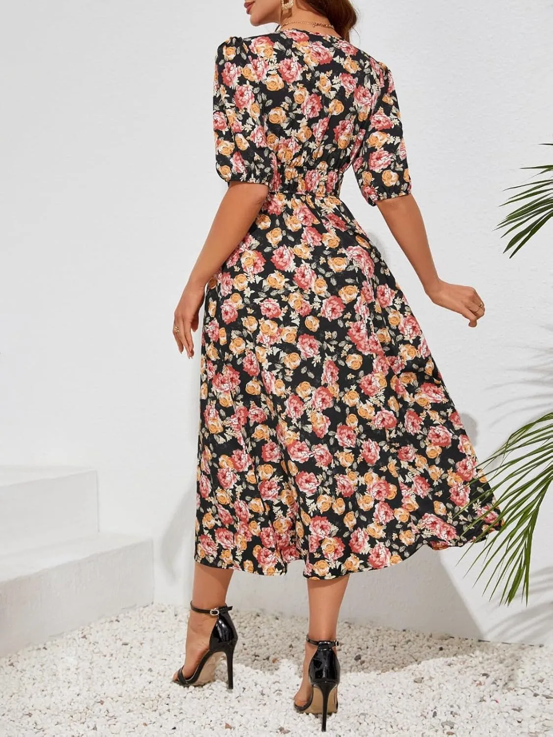 ZEFOTIM Maxi Dresses for Women 2025 Fashion Floral Dress Short Sleeve V Neck Dresses