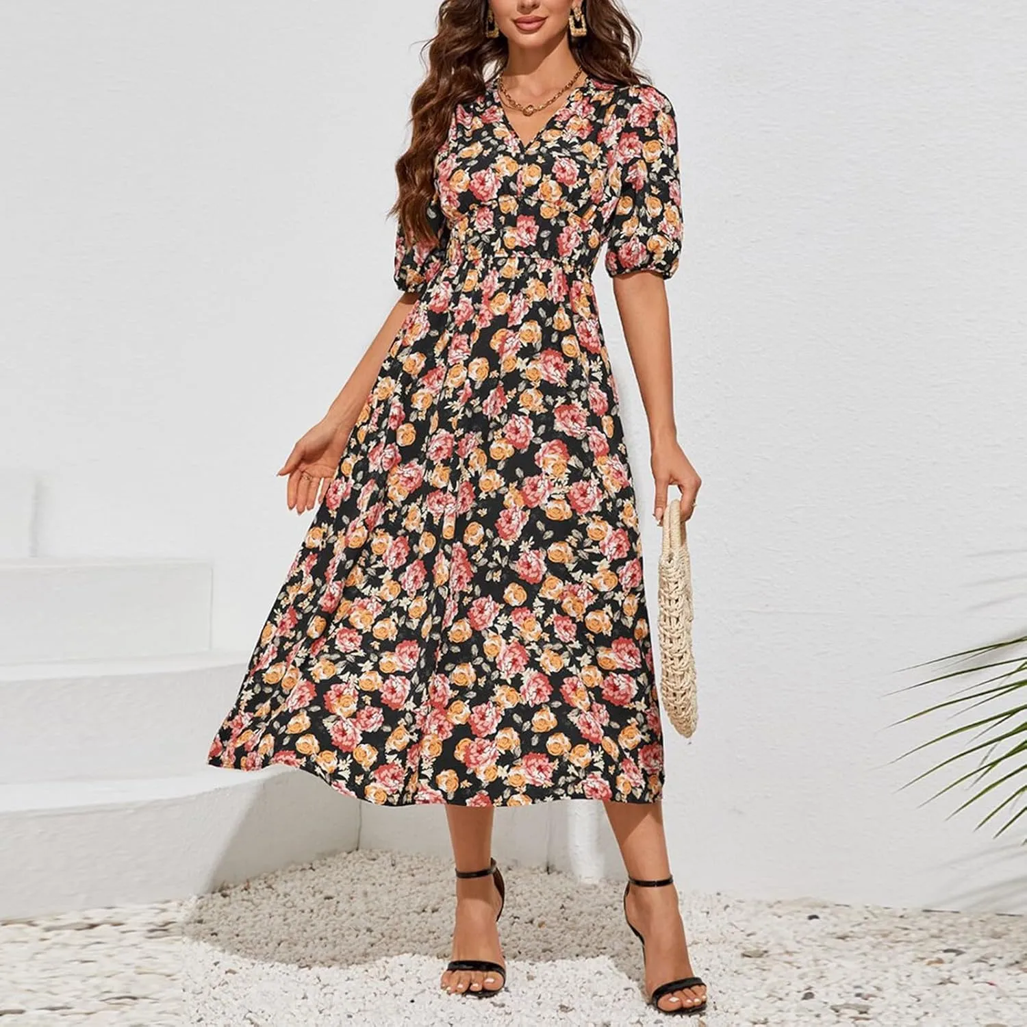 ZEFOTIM Maxi Dresses for Women 2025 Fashion Floral Dress Short Sleeve V Neck Dresses