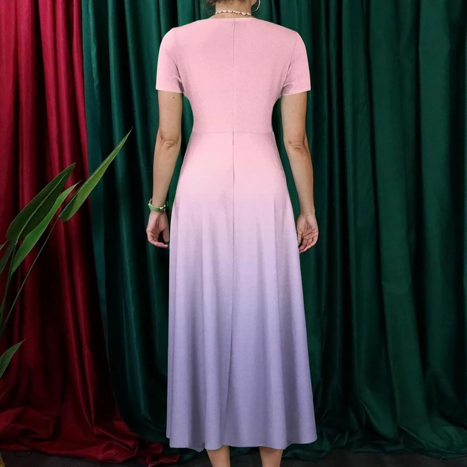 ZEFOTIM Maxi Dresses for Women 2025 Plus Size Curvy Gradient Dress Short Sleeve Crew Neck Dresses