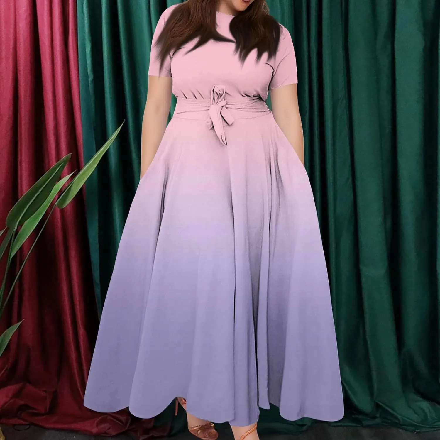 ZEFOTIM Maxi Dresses for Women 2025 Plus Size Curvy Gradient Dress Short Sleeve Crew Neck Dresses