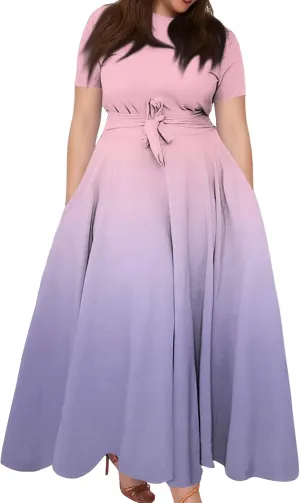 ZEFOTIM Maxi Dresses for Women 2025 Plus Size Curvy Gradient Dress Short Sleeve Crew Neck Dresses