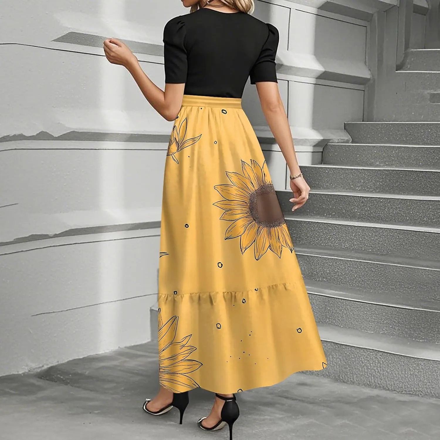 ZEFOTIM Women's Maxi Dress Casual Floral Dress Short Sleeve Crew Neck Dresses with Belt