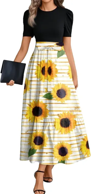 ZEFOTIM Women's Maxi Dress Casual Floral Dress Short Sleeve Crew Neck Dresses with Belt
