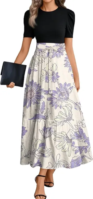 ZEFOTIM Women's Maxi Dress Casual Floral Dress Short Sleeve Crew Neck Dresses with Belt