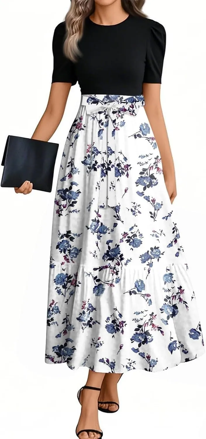 ZEFOTIM Women's Maxi Dress Casual Floral Dress Short Sleeve Crew Neck Dresses with Belt