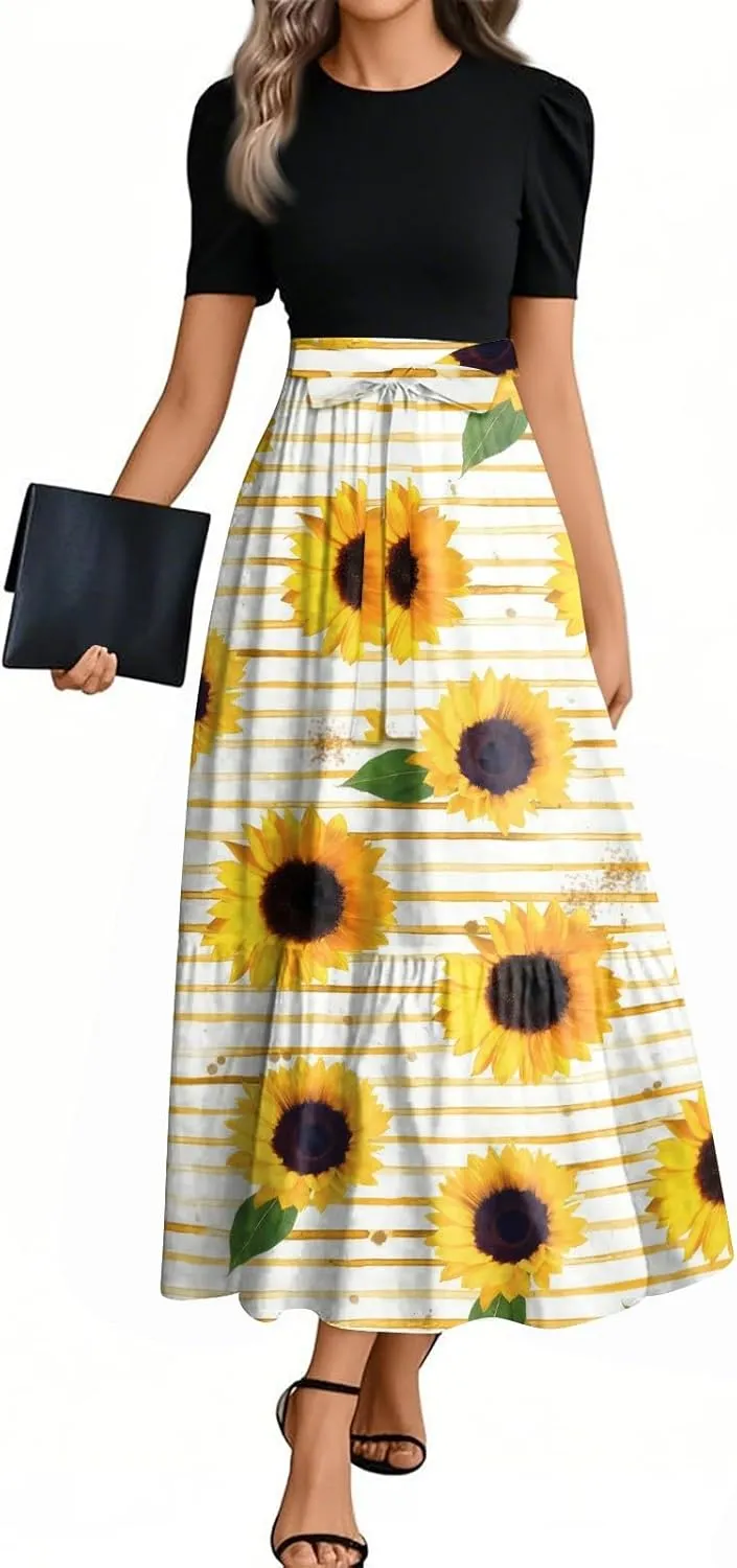 ZEFOTIM Women's Maxi Dress Casual Floral Dress Short Sleeve Crew Neck Dresses with Belt