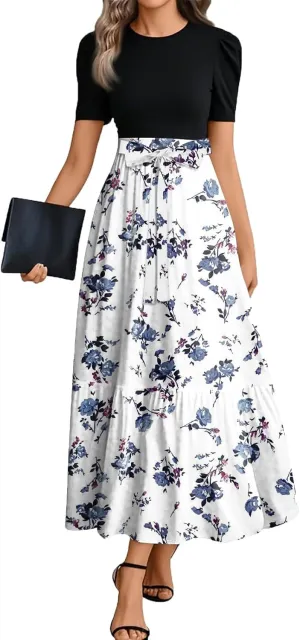 ZEFOTIM Women's Maxi Dress Casual Floral Dress Short Sleeve Crew Neck Dresses with Belt