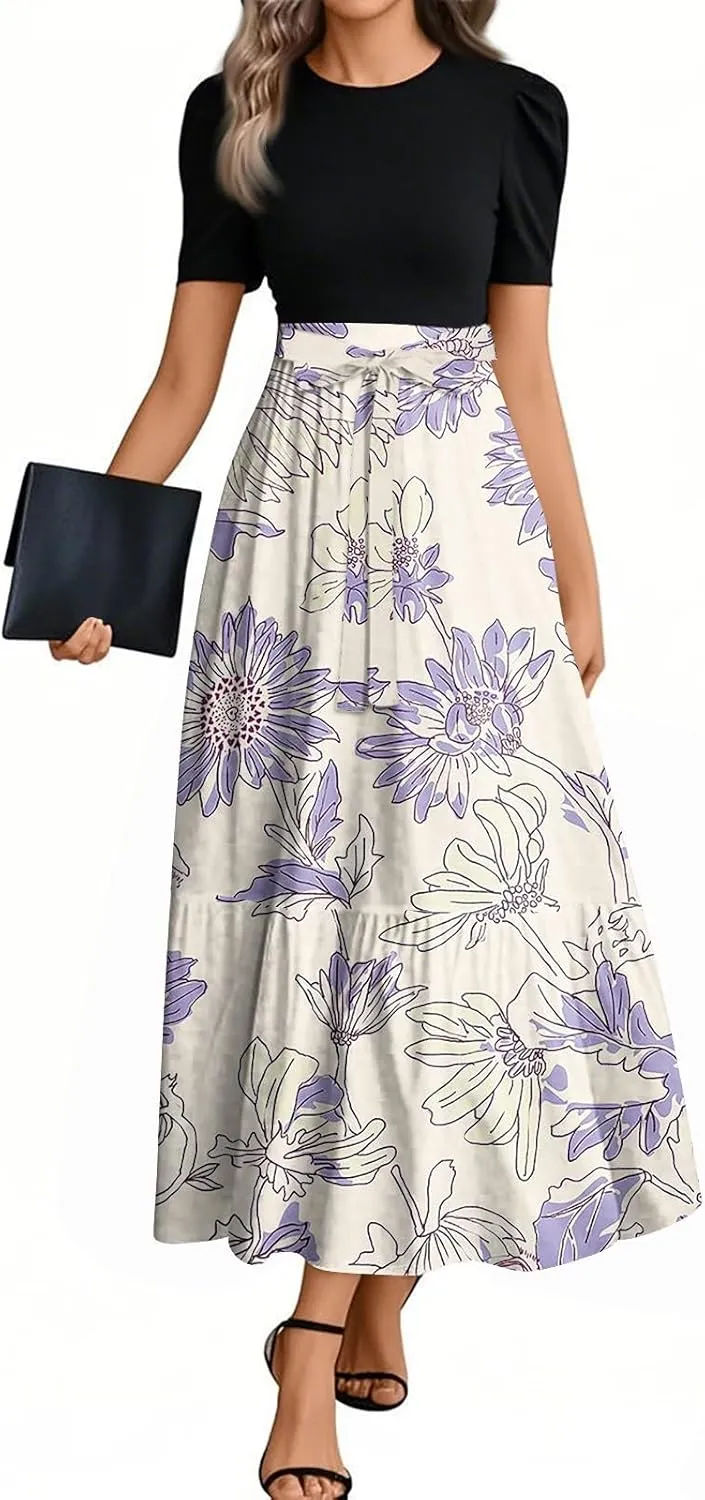 ZEFOTIM Women's Maxi Dress Casual Floral Dress Short Sleeve Crew Neck Dresses with Belt