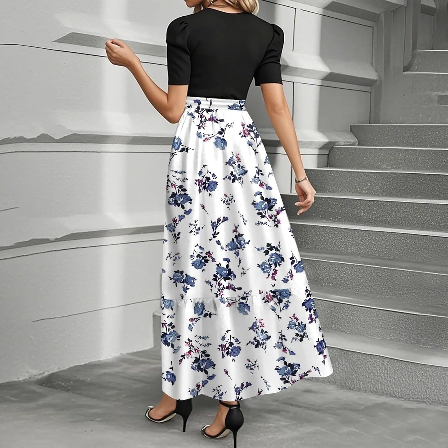 ZEFOTIM Women's Maxi Dress Casual Floral Dress Short Sleeve Crew Neck Dresses with Belt