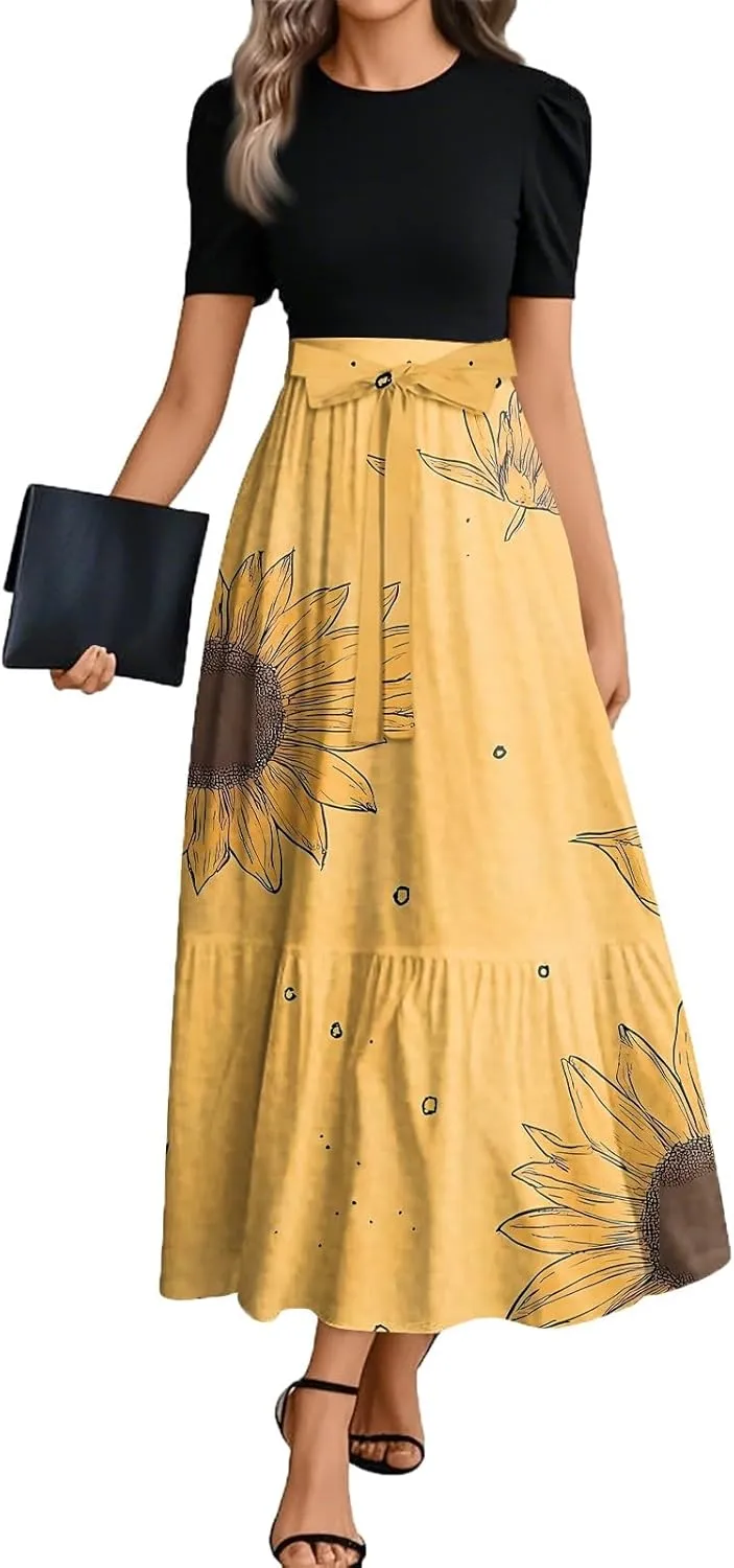 ZEFOTIM Women's Maxi Dress Casual Floral Dress Short Sleeve Crew Neck Dresses with Belt