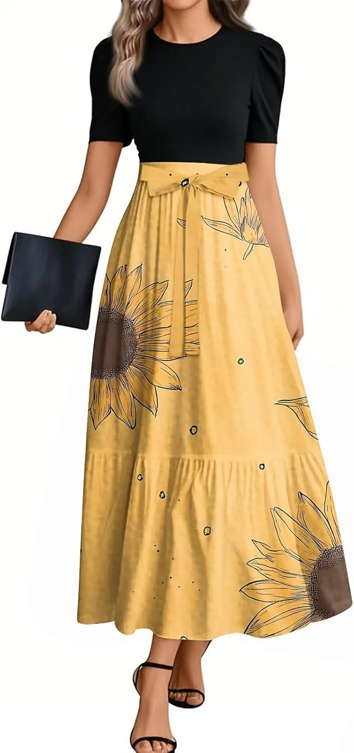 ZEFOTIM Women's Maxi Dress Casual Floral Dress Short Sleeve Crew Neck Dresses with Belt