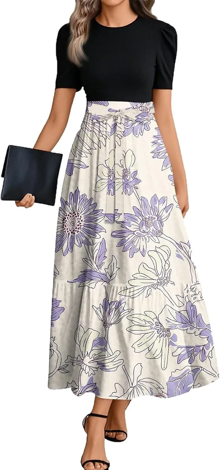 ZEFOTIM Women's Maxi Dress Casual Floral Dress Short Sleeve Crew Neck Dresses with Belt