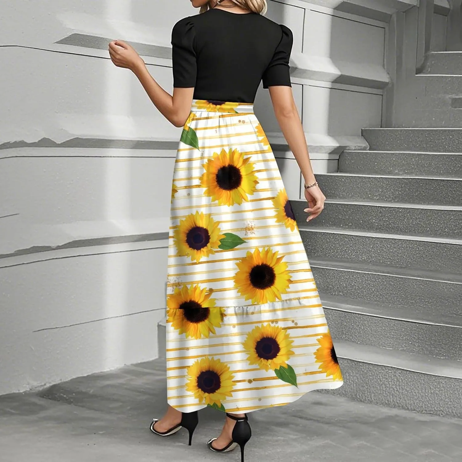 ZEFOTIM Women's Maxi Dress Casual Floral Dress Short Sleeve Crew Neck Dresses with Belt