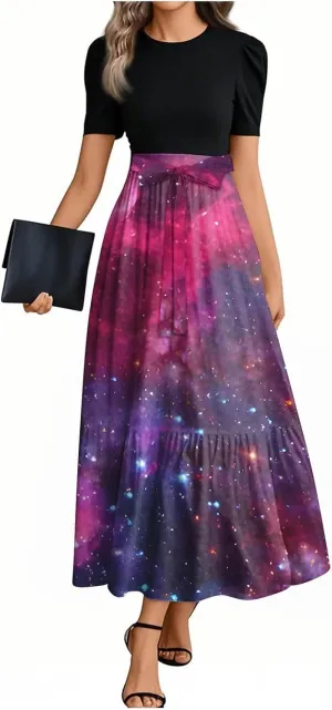 ZEFOTIM Women's Maxi Dress Cute Floral Dress Short Sleeve Crew Neck Dresses with Belt