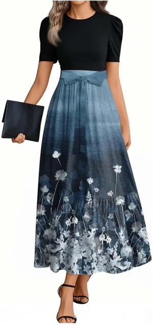 ZEFOTIM Women's Maxi Dress Cute Floral Dress Short Sleeve Crew Neck Dresses with Belt