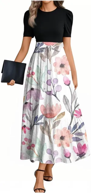 ZEFOTIM Women's Maxi Dress Cute Floral Dress Short Sleeve Crew Neck Dresses with Belt