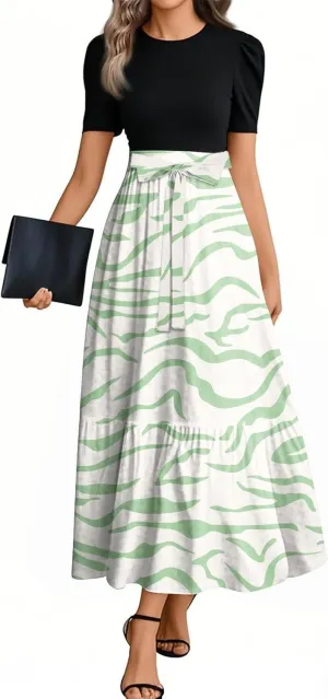 ZEFOTIM Women's Maxi Dress Vacation Floral Dress Short Sleeve Crew Neck Dresses with Belt