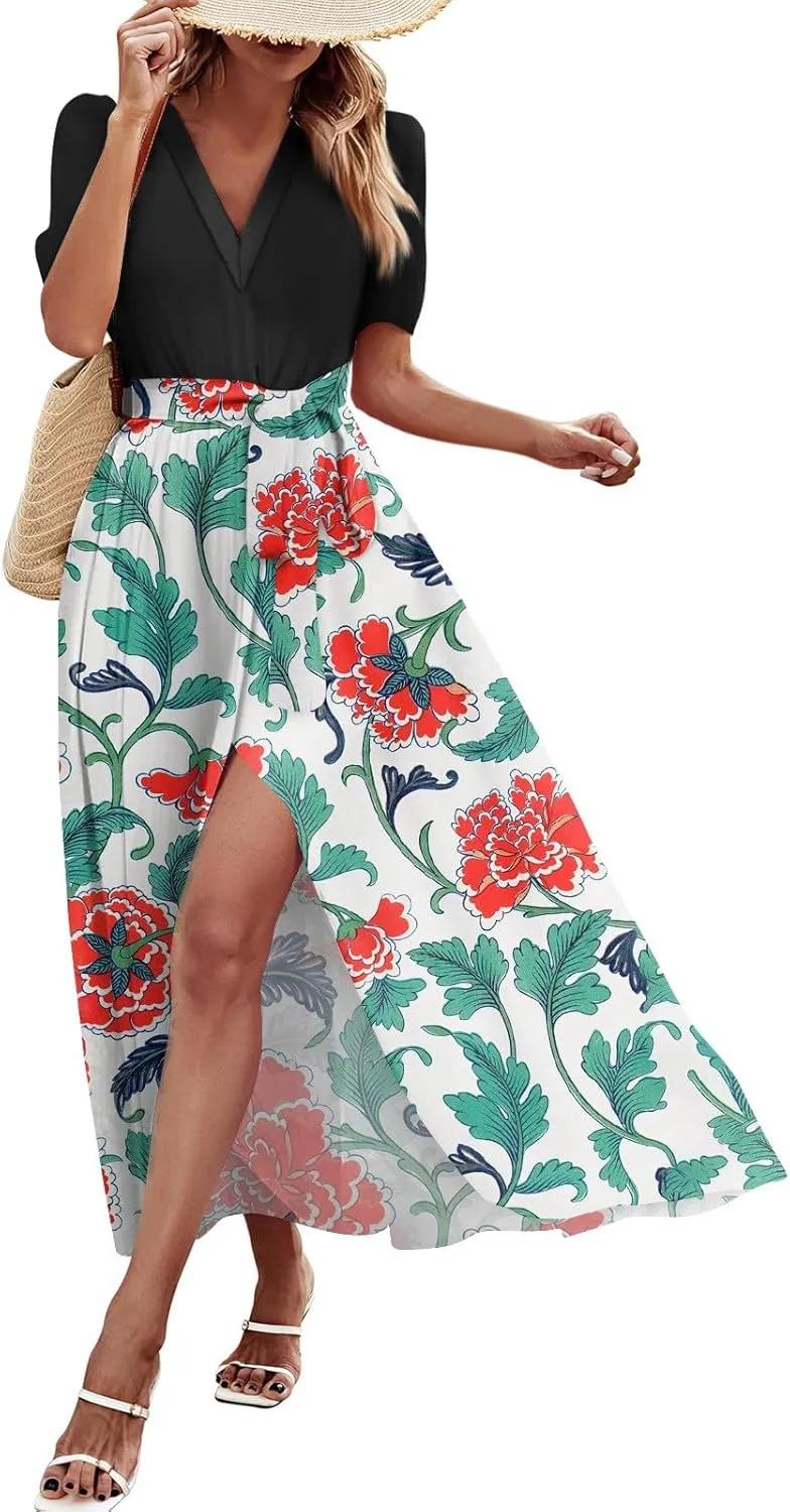 ZEFOTIM Women's Maxi Dress Work Floral Dress Short Sleeve V Neck Dresses with Slit