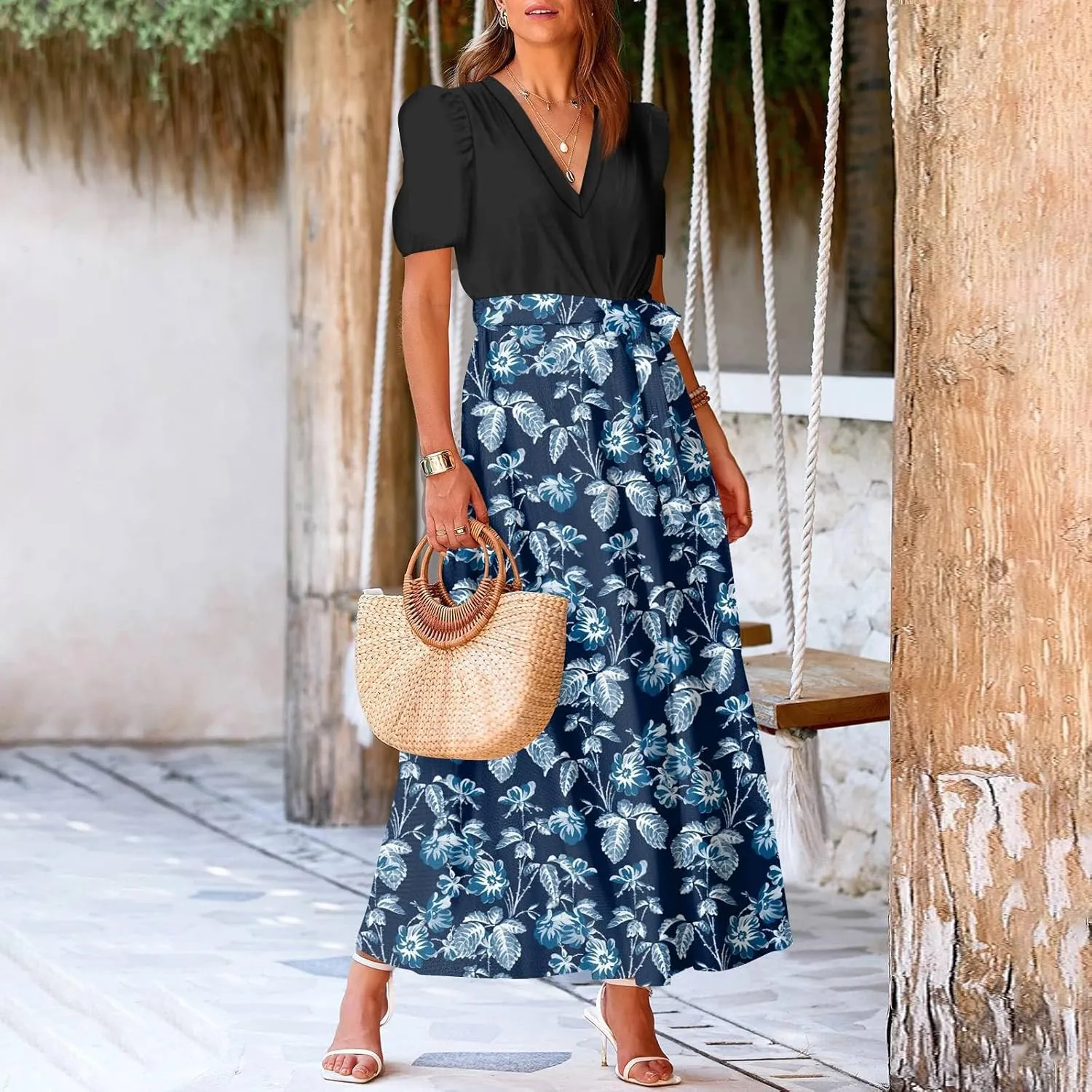 ZEFOTIM Women's Maxi Dress Work Floral Dress Short Sleeve V Neck Dresses with Slit