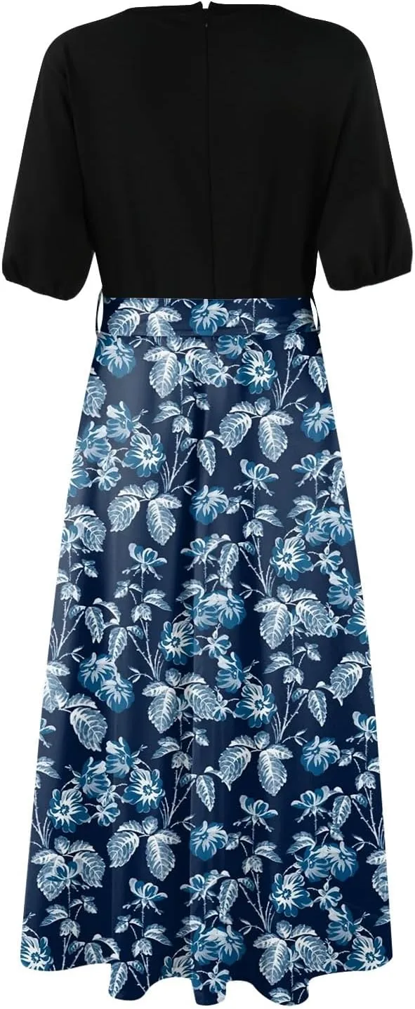ZEFOTIM Women's Maxi Dress Work Floral Dress Short Sleeve V Neck Dresses with Slit