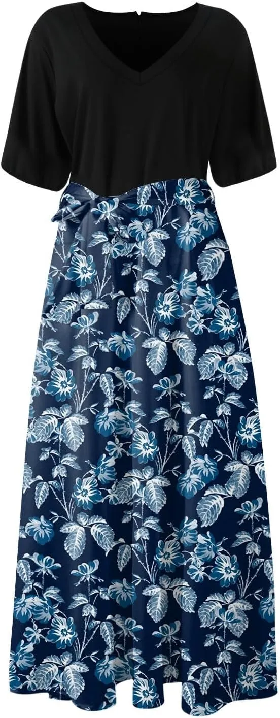 ZEFOTIM Women's Maxi Dress Work Floral Dress Short Sleeve V Neck Dresses with Slit