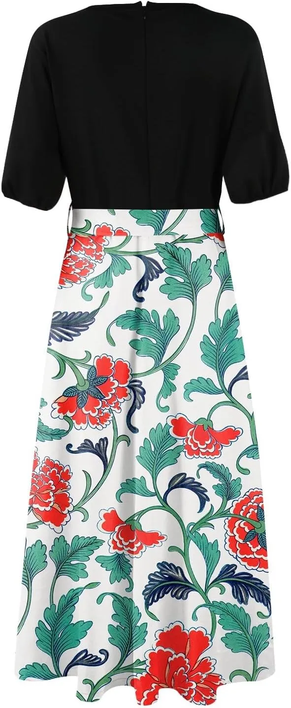 ZEFOTIM Women's Maxi Dress Work Floral Dress Short Sleeve V Neck Dresses with Slit