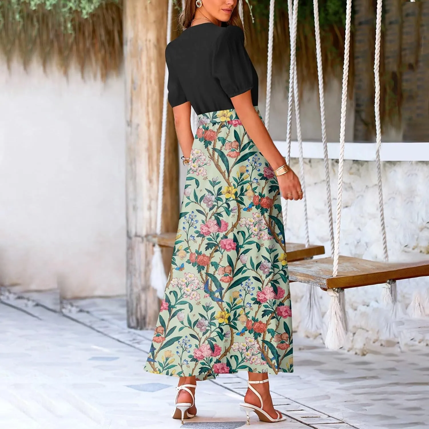 ZEFOTIM Women's Maxi Dress Work Floral Dress Short Sleeve V Neck Dresses with Slit