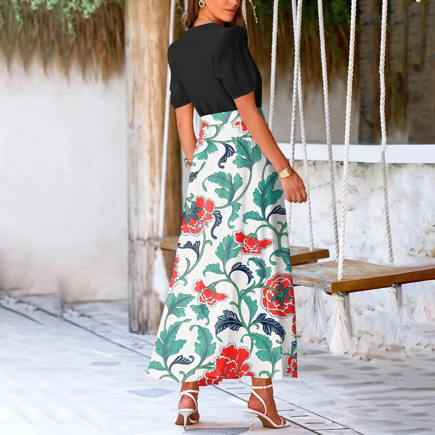 ZEFOTIM Women's Maxi Dress Work Floral Dress Short Sleeve V Neck Dresses with Slit