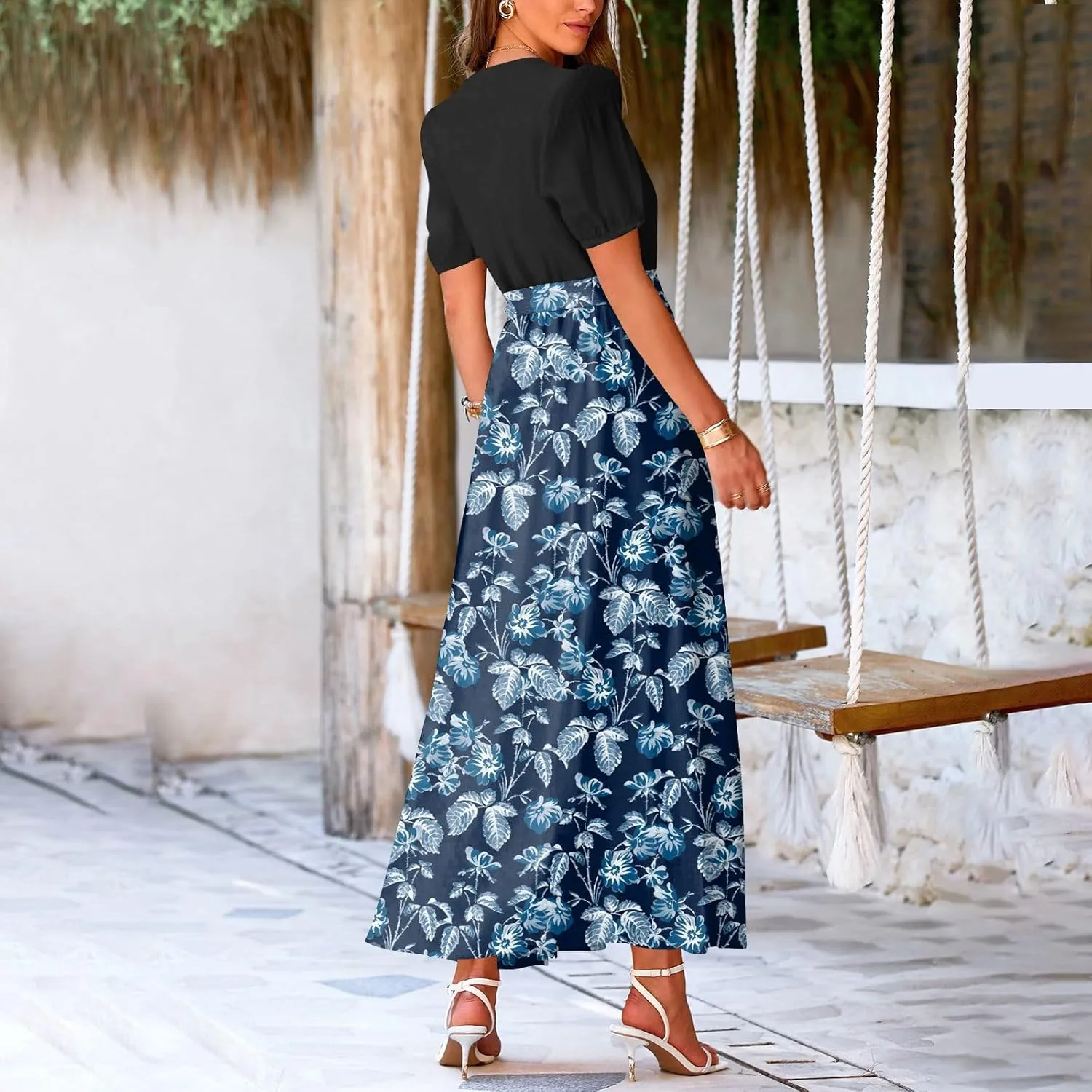 ZEFOTIM Women's Maxi Dress Work Floral Dress Short Sleeve V Neck Dresses with Slit