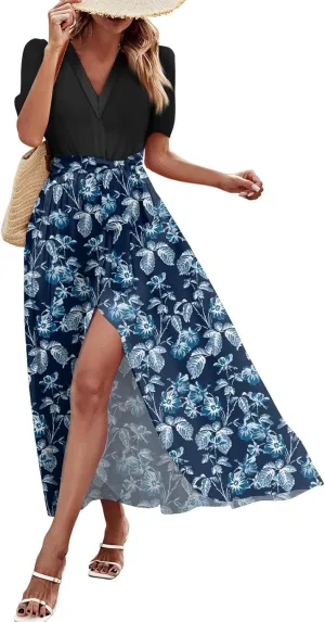 ZEFOTIM Women's Maxi Dress Work Floral Dress Short Sleeve V Neck Dresses with Slit