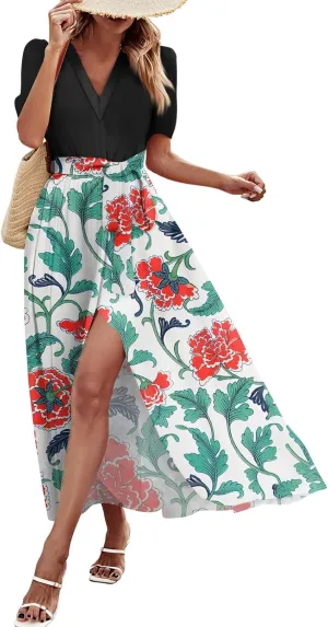 ZEFOTIM Women's Maxi Dress Work Floral Dress Short Sleeve V Neck Dresses with Slit