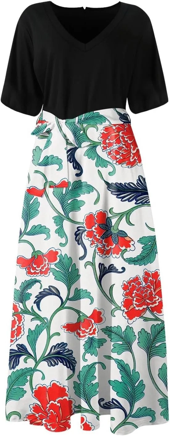 ZEFOTIM Women's Maxi Dress Work Floral Dress Short Sleeve V Neck Dresses with Slit