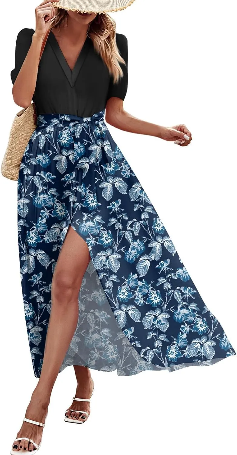ZEFOTIM Women's Maxi Dress Work Floral Dress Short Sleeve V Neck Dresses with Slit