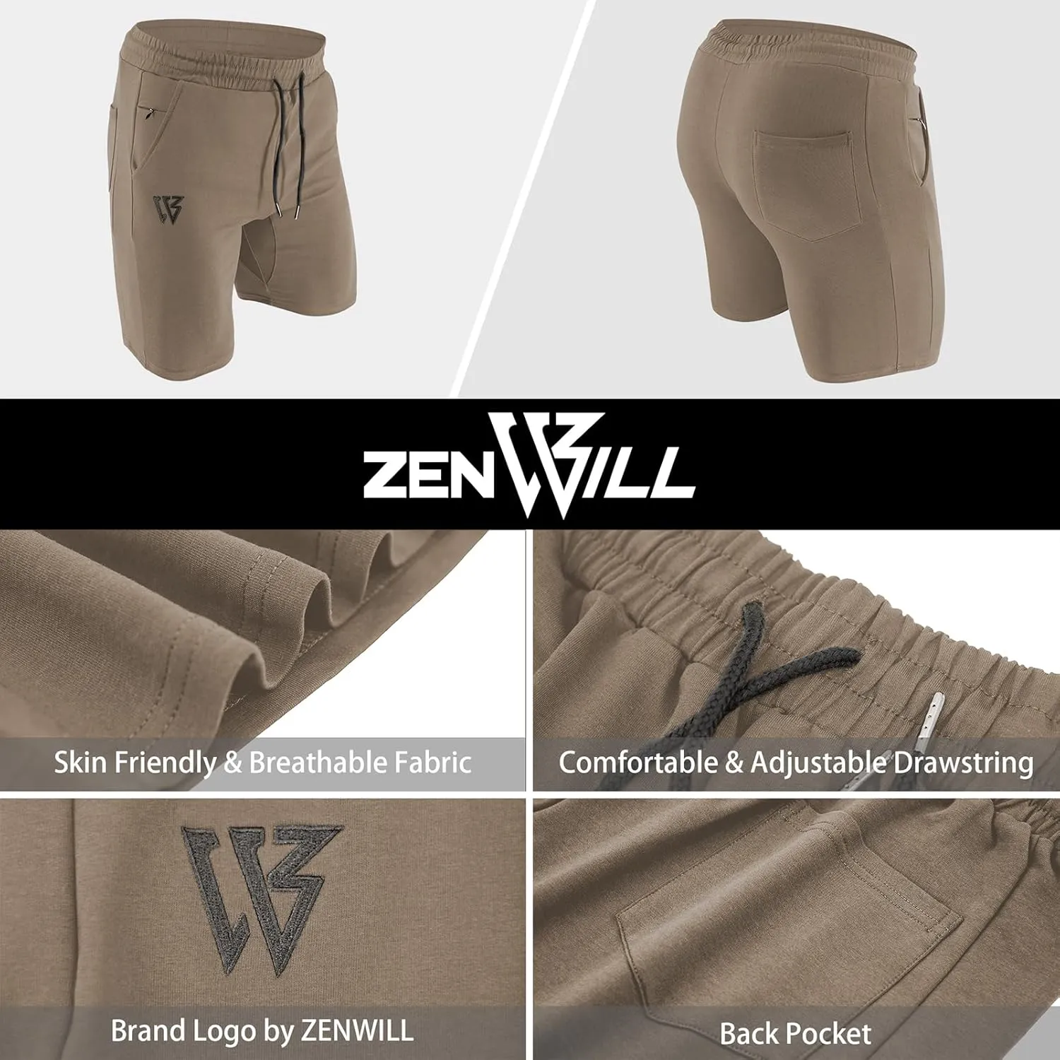 ZENWILL Mens 2 Pack Zip Gym Athletic Shorts, 7" Workout Running Fitness Cotton Training Shorts for Men Zip Pockets