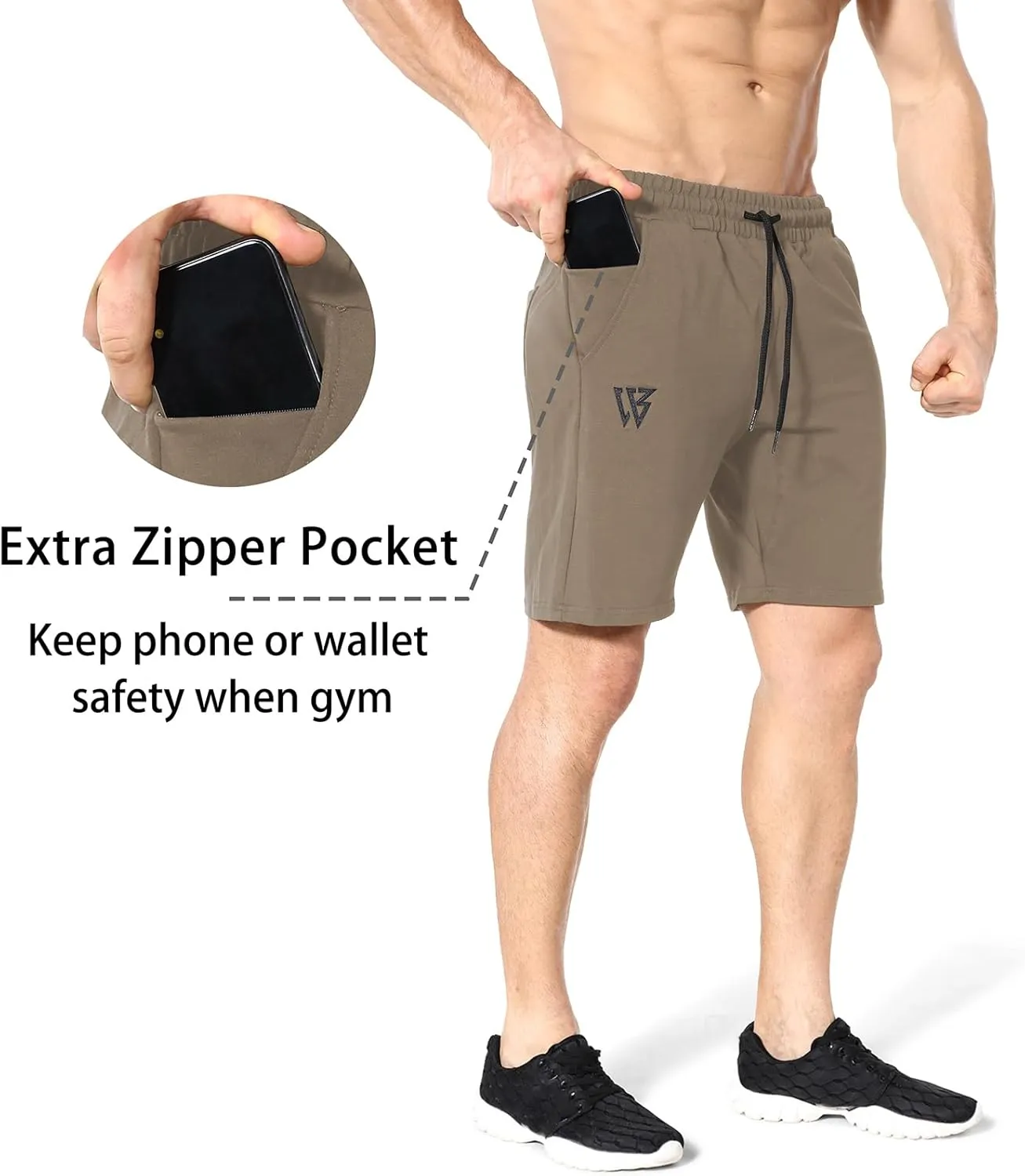 ZENWILL Mens 2 Pack Zip Gym Athletic Shorts, 7" Workout Running Fitness Cotton Training Shorts for Men Zip Pockets
