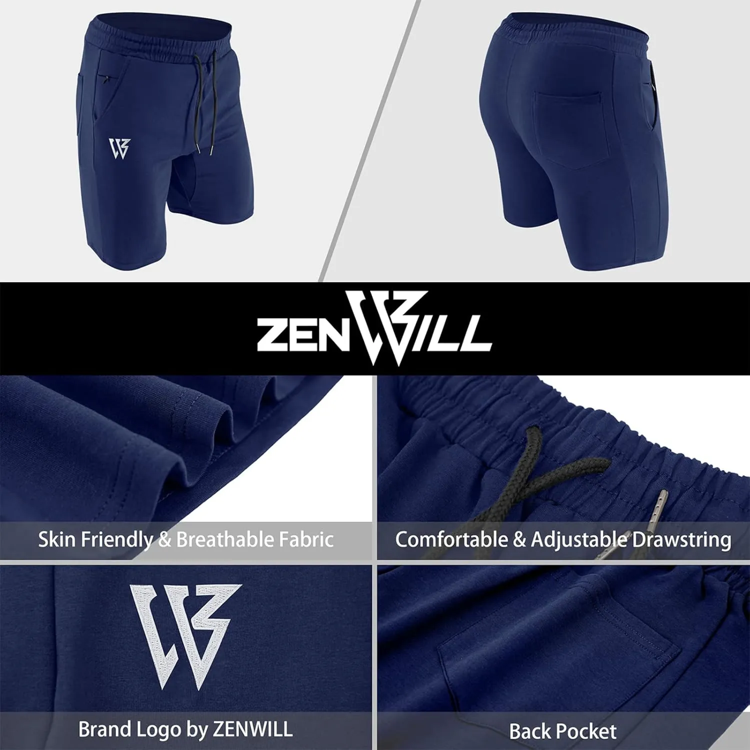 ZENWILL Mens 2 Pack Zip Gym Athletic Shorts, 7" Workout Running Fitness Cotton Training Shorts for Men Zip Pockets