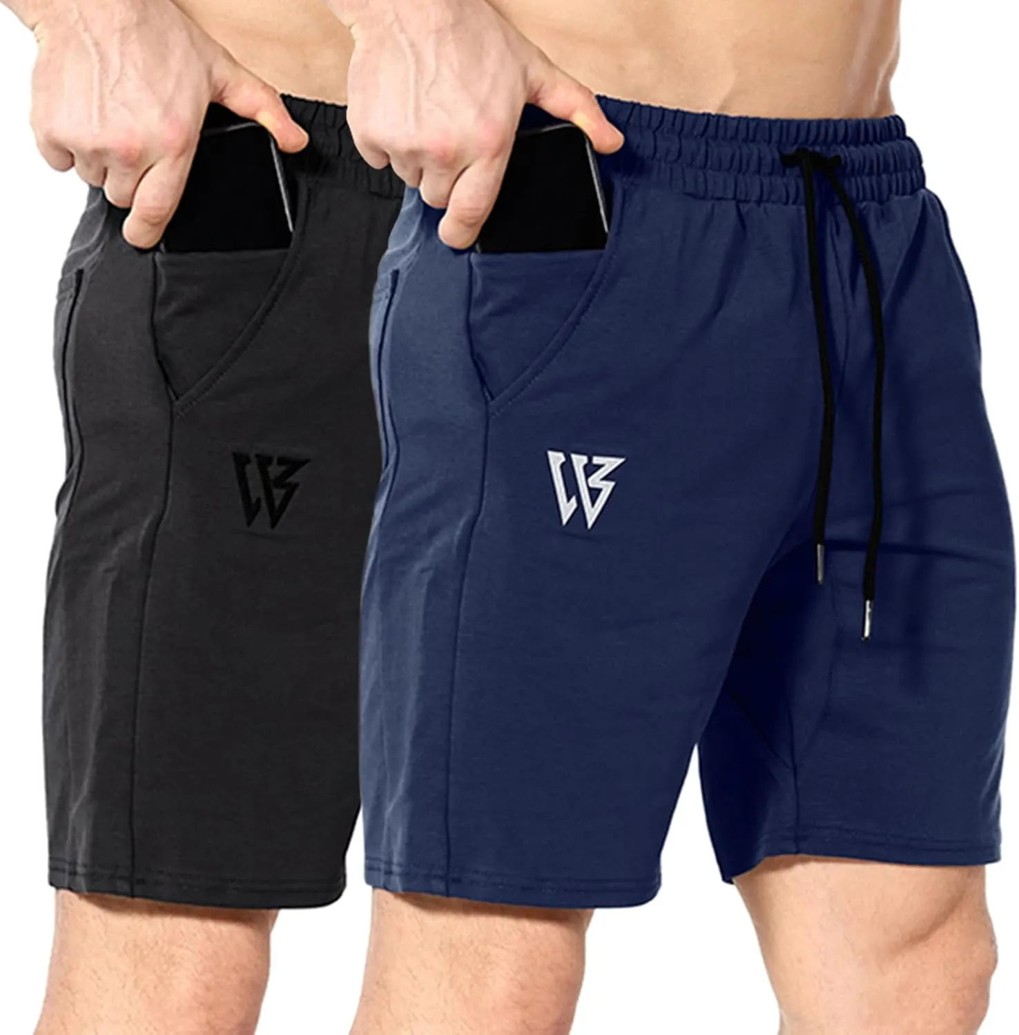 ZENWILL Mens 2 Pack Zip Gym Athletic Shorts, 7" Workout Running Fitness Cotton Training Shorts for Men Zip Pockets