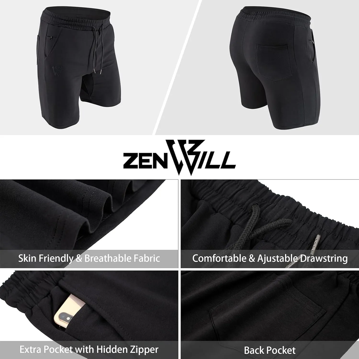 ZENWILL Mens 2 Pack Zip Gym Athletic Shorts, 7" Workout Running Fitness Cotton Training Shorts for Men Zip Pockets