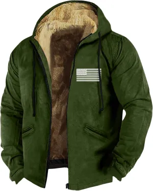 Zipper Hoodies for Men American Flag Print Sherpa Lined Flannel Hoodie Warm Cotton Fleece Jacket Fall Fashion Coat