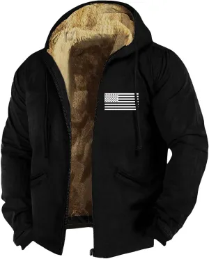 Zipper Hoodies for Men American Flag Print Sherpa Lined Flannel Hoodie Warm Cotton Fleece Jacket Fall Fashion Coat